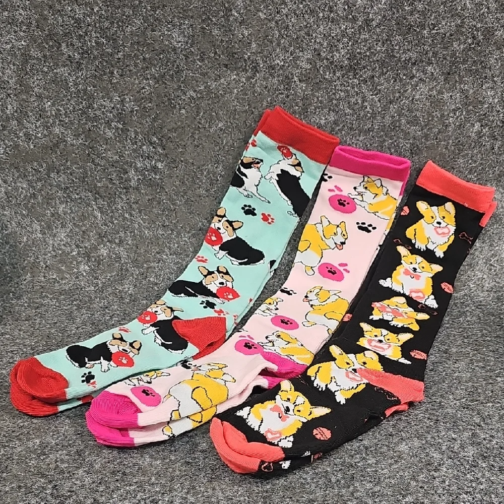 Colorful Corgi Dog Print Socks, 3 Pk, Black Pink Aqua, One Size, New Without Tag